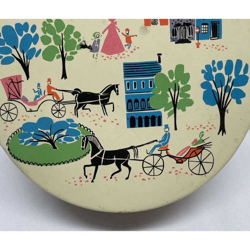 Vintage 1959 BARTON’S Bonbonniere Mid Century Modern Round Candy Tin Colorful EC